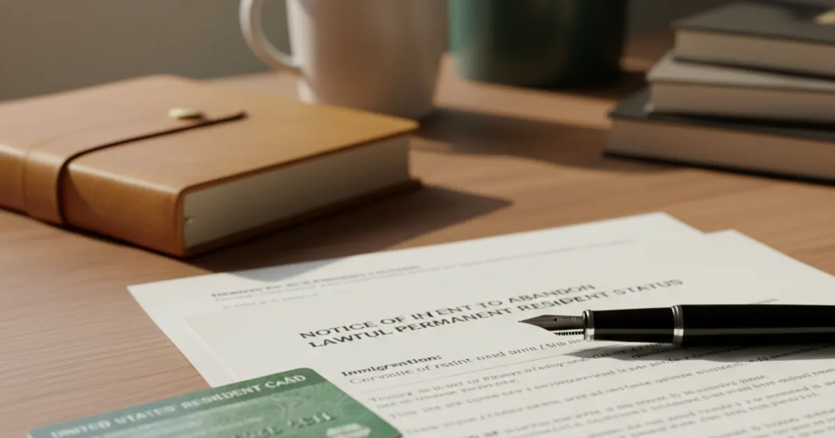 A US green card and Form I-407 abandonment paperwork on a desk